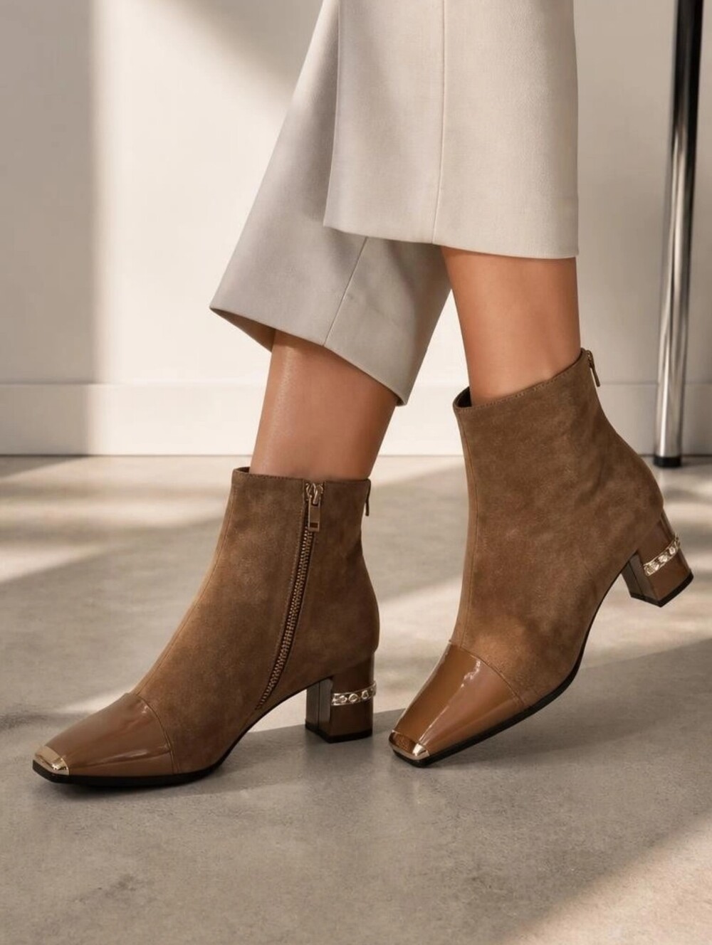 Unbranded Tan Suede Patent Cap Toe Front Zip Booties Size 11.5 NWOT